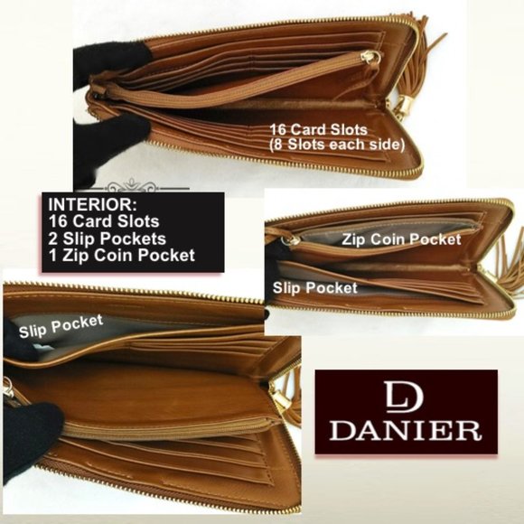 DANIER Genuine Leather Women’s Brown Zip Large Wallet Clutch Tassel Gold-tone - Picture 6 of 11